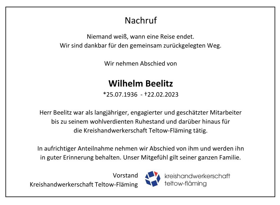 Nachruf - Wilhelm Beelitz